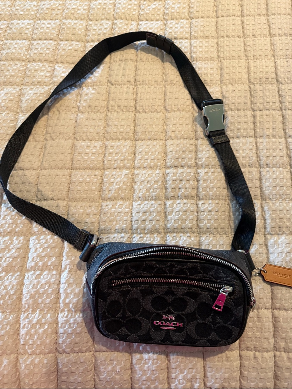 Coach Black Signature Logo Crossbody Belt Bag with silver accents
